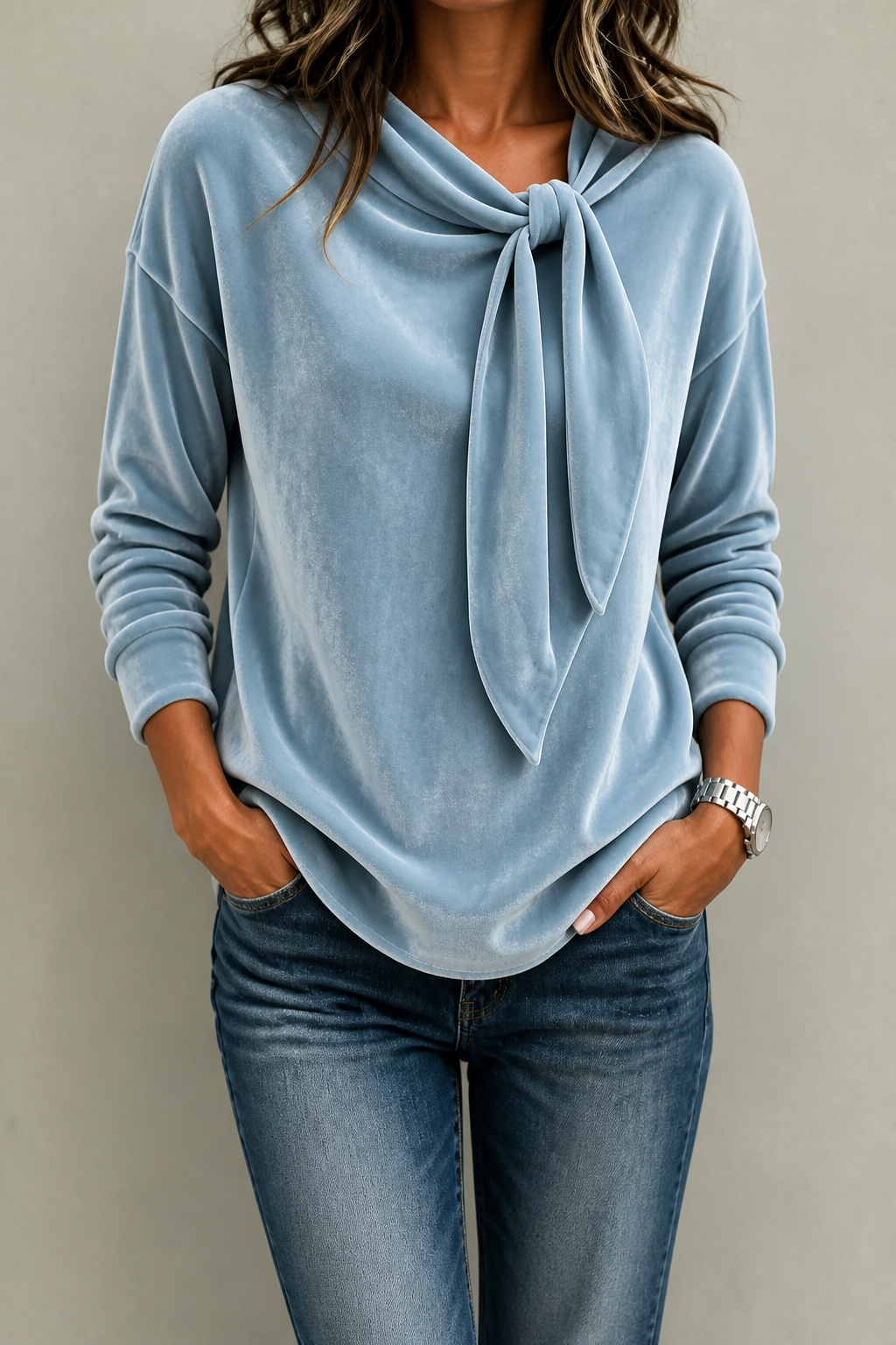 Tievelle – Velvet Tie-Neck Relaxed Blouse
