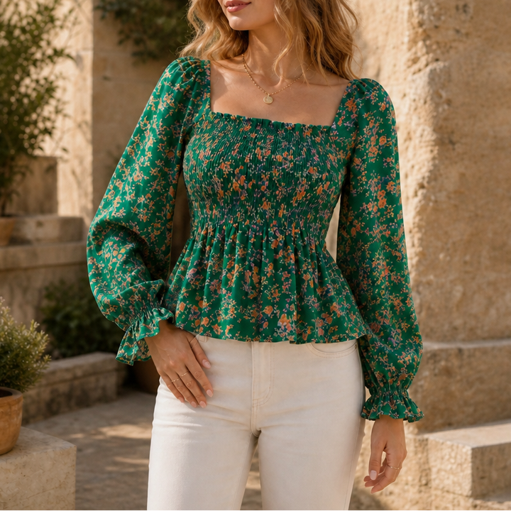 Fiora – Floral Smocked Square-Neck Blouse