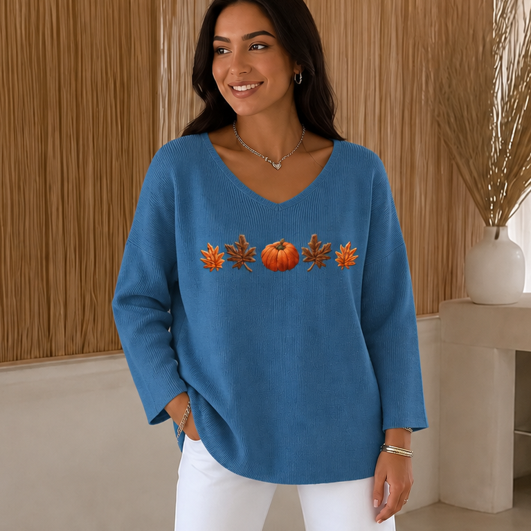 Pumpkin Lane – Pumpkin Print V-Neck Long-Sleeved Shirt