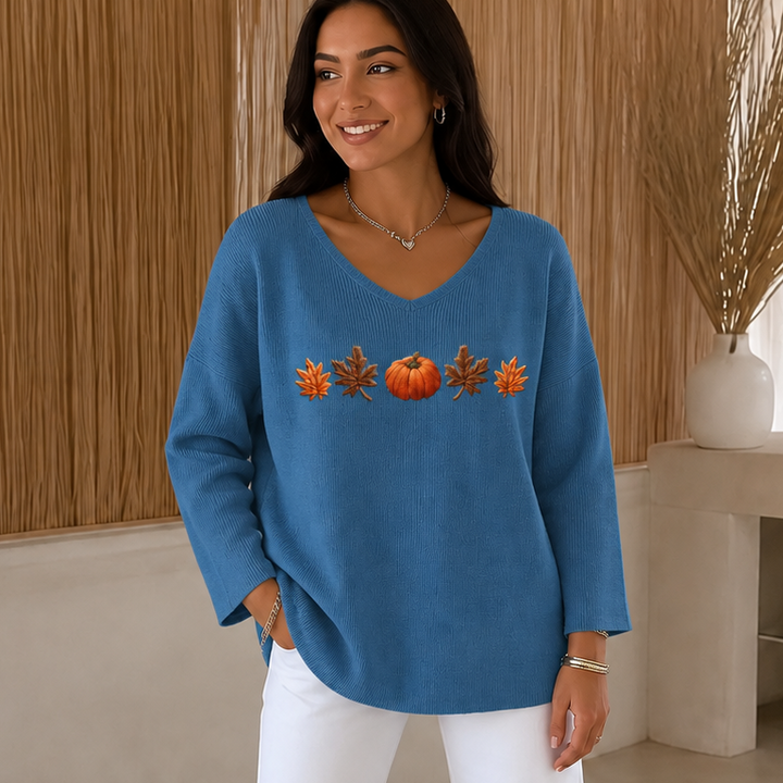 Pumpkin Lane – Pumpkin Print V-Neck Long-Sleeved Shirt
