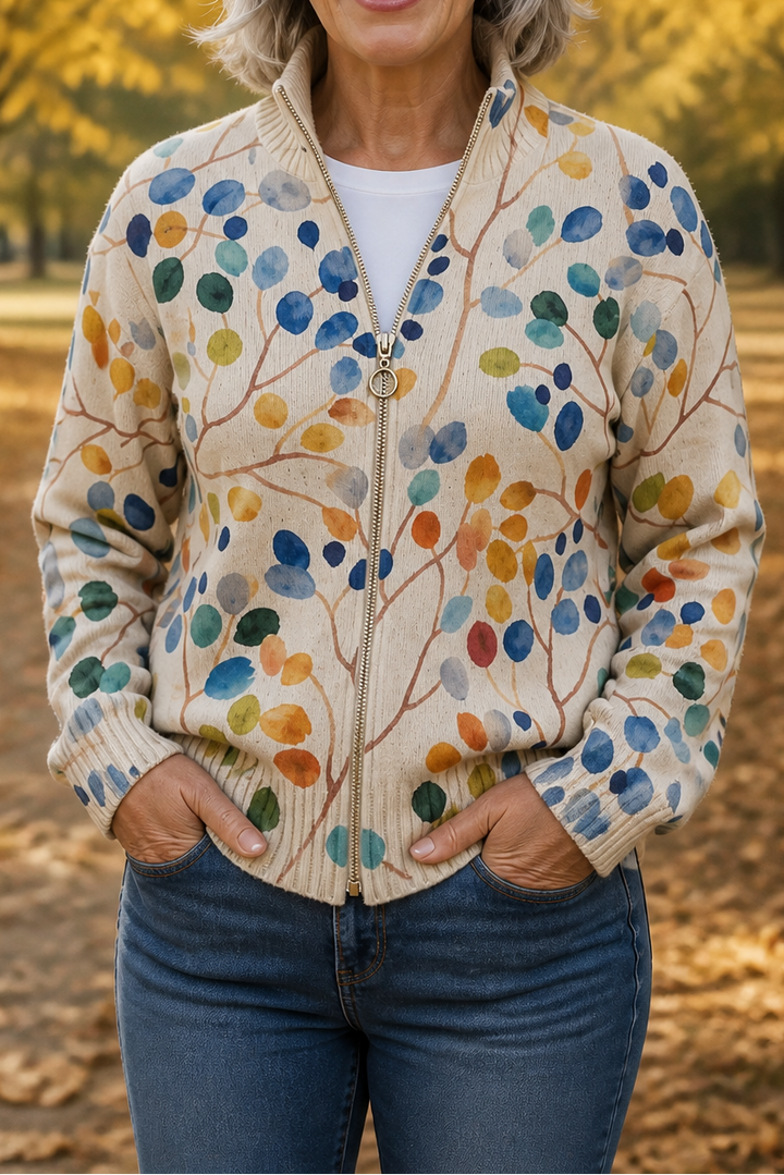 Threezip – Botanical Print Zip-Up Bomber Cardigan