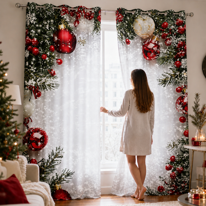 Yuletide Glow – Christmas Print Semi-Sheer Curtain Panels