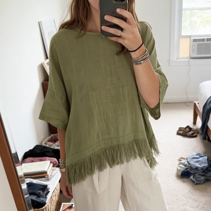 Wovelle – Fringed Hem Boxy Drop-Shoulder Blouse