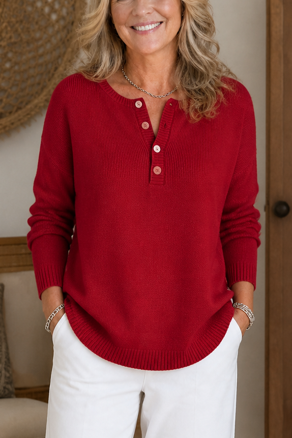 Wearbella – V-Neck Button Placket Knit Sweater
