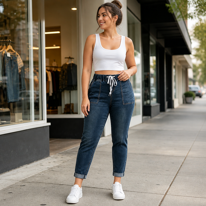 Wearbella – Drawstring Elastic-Waist Stretch Tapered Jeans