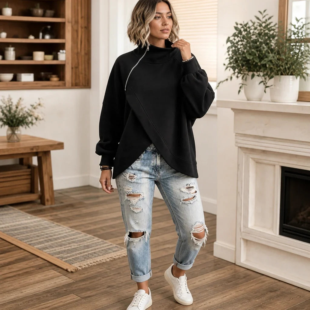 Wearbella - Asymmetrical Hem High-Neck Sweatshirt