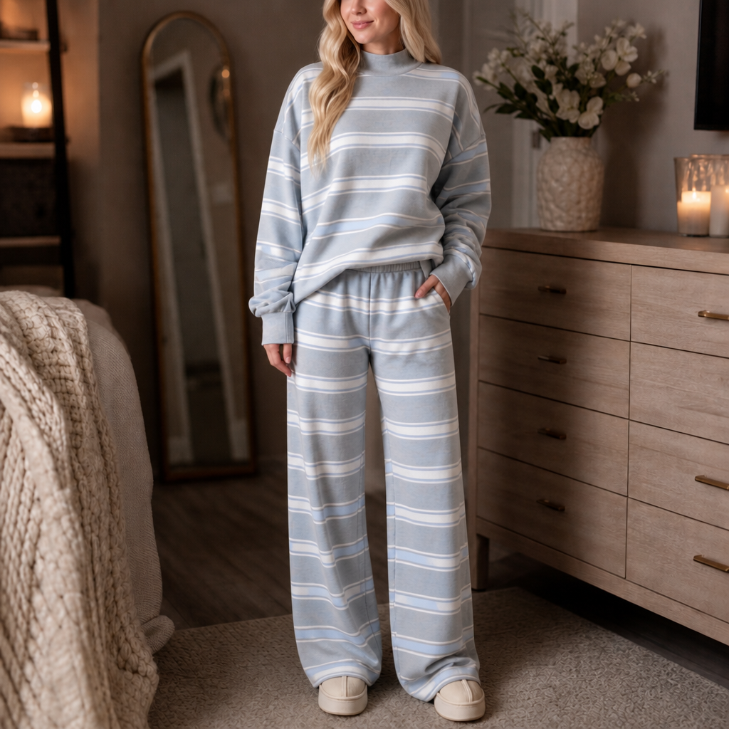 Stripe & Ease – Striped Mock-Neck Top And Wide-Leg Pants Set