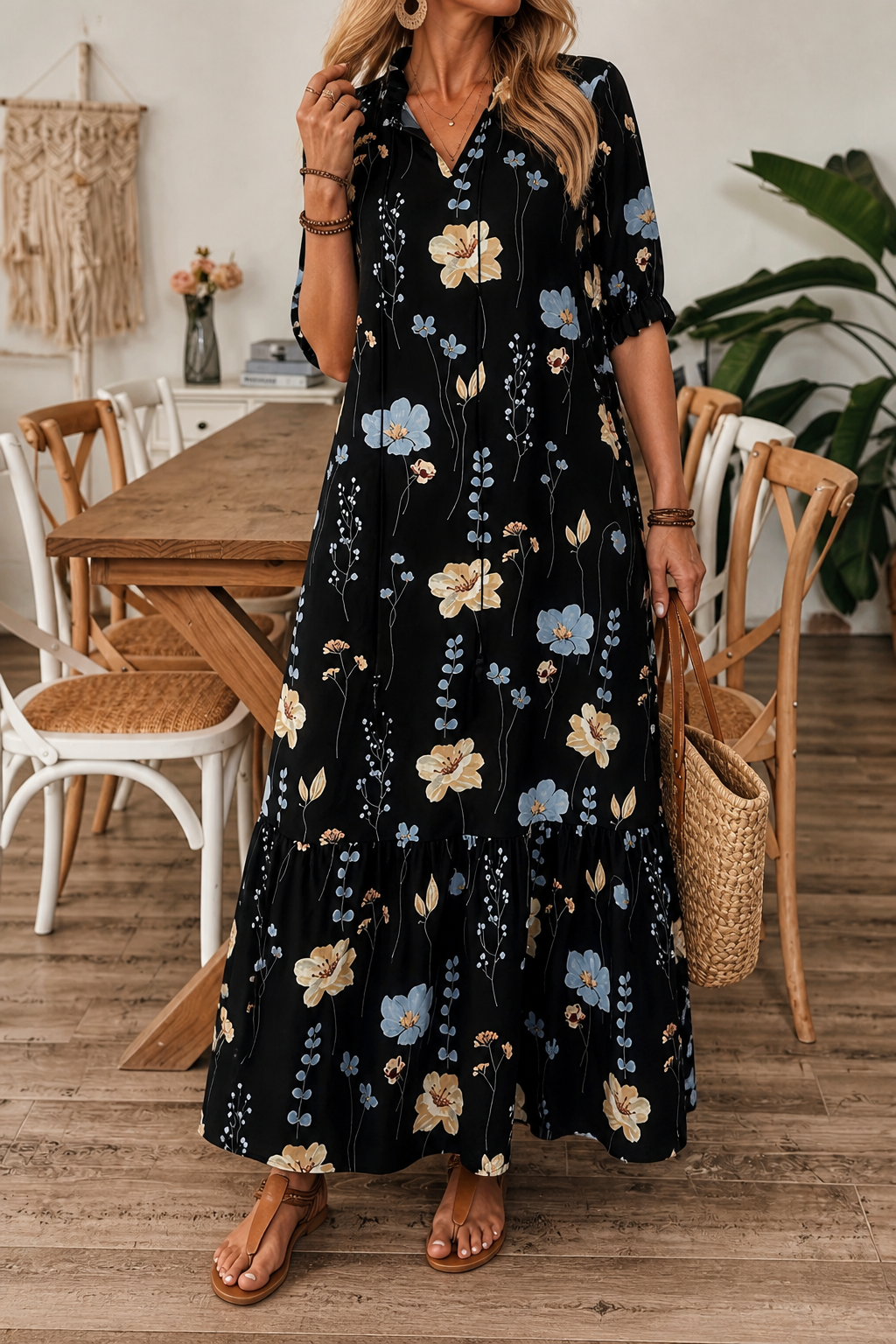 Wearbella – Lapel Collar Floral Maxi Shift Dress