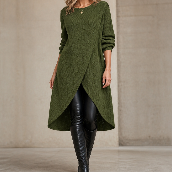 Wrapline – Asymmetric Wrap-Front Slit Hem Tunic Dress