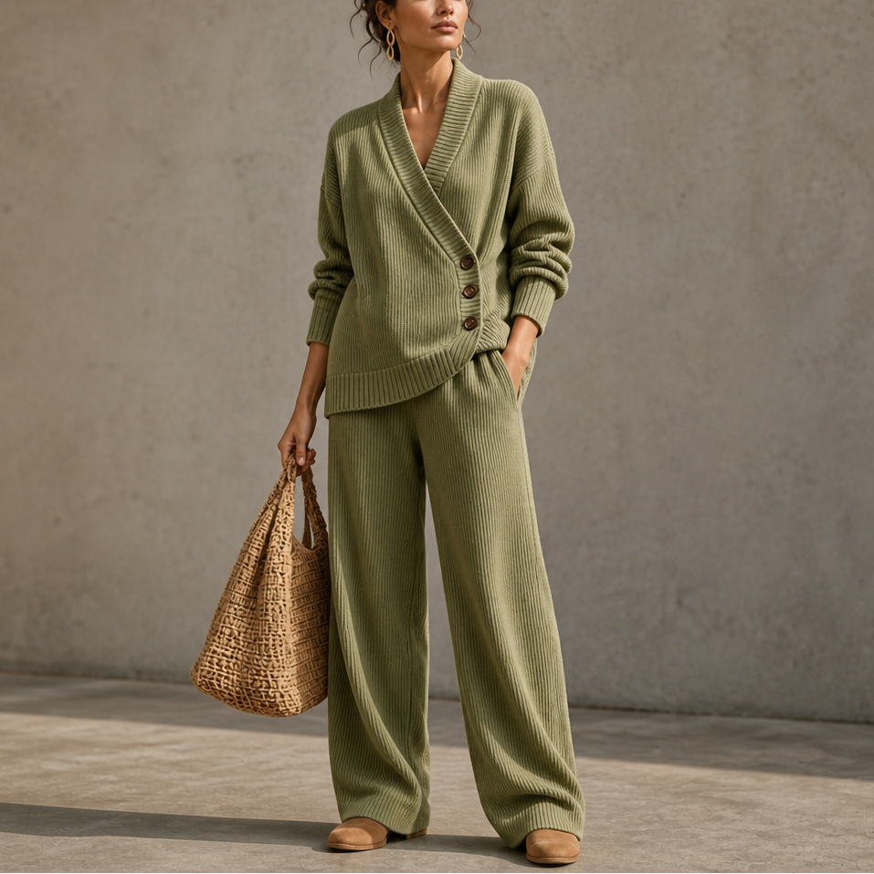 Olivea – Ribbed Wrap Top And Wide-Leg Pants Set