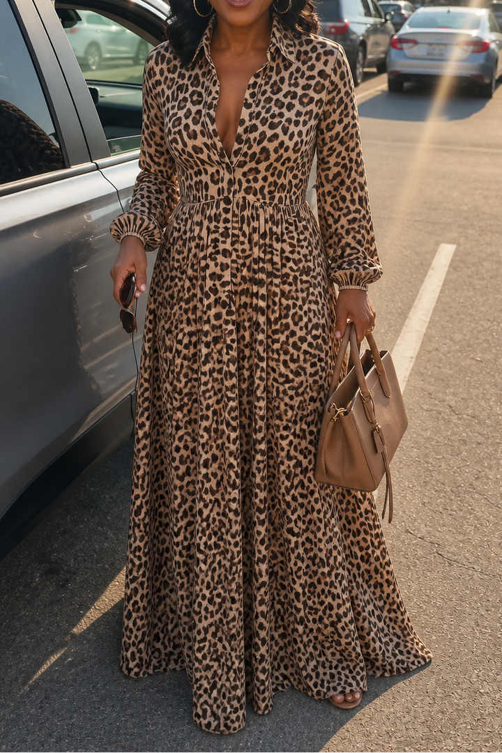Leocara – Button-Front Leopard Print Maxi Shirt Dress