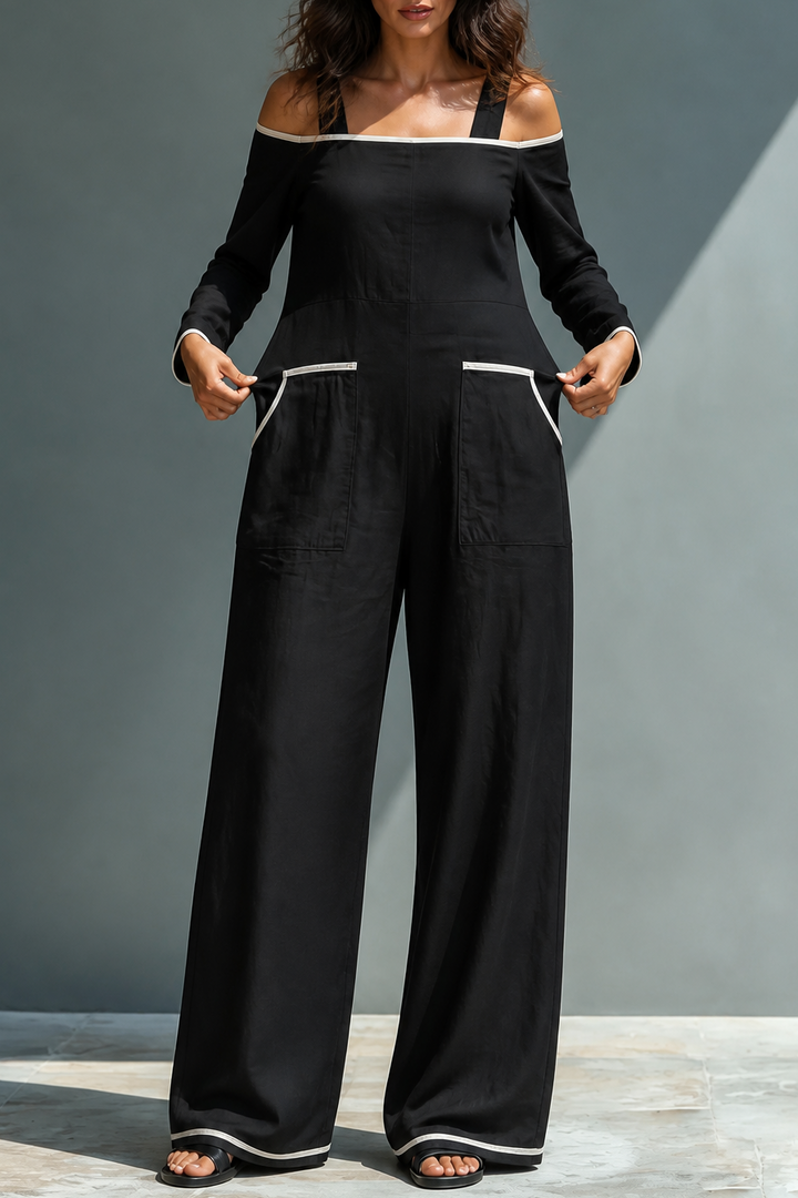 Shouldera – Off-Shoulder Contrast Trim Wide-Leg Jumpsuit
