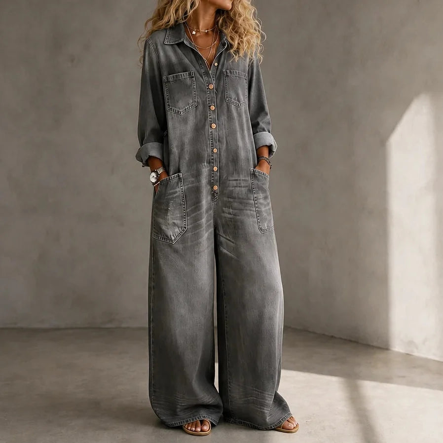 Denimbelle – Button-Front Wide-Leg Denim Jumpsuit