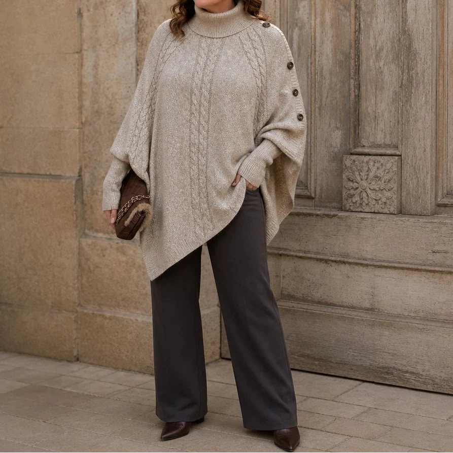 Cabelune – High-Neck Cable-Knit Cape Poncho Sweater