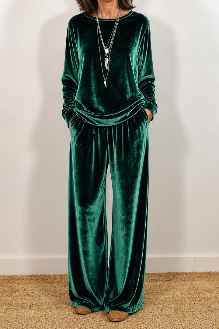 Duskvelor – Velvet-Look Wide-Leg Two-Piece Lounge Set