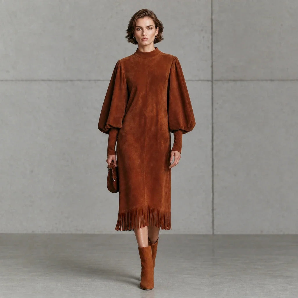 Suede Serenade – Faux Suede-Look Lantern Sleeve Fringe Midi Dress