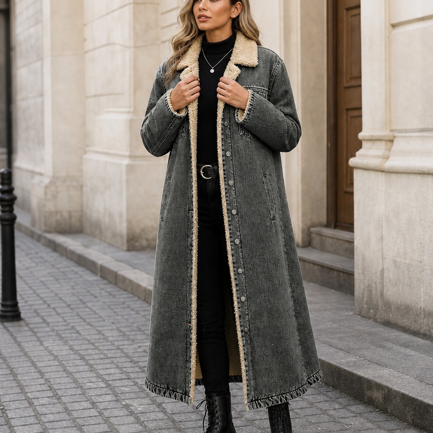 Denora – Sherpa-Lined Full-Length Denim Coat
