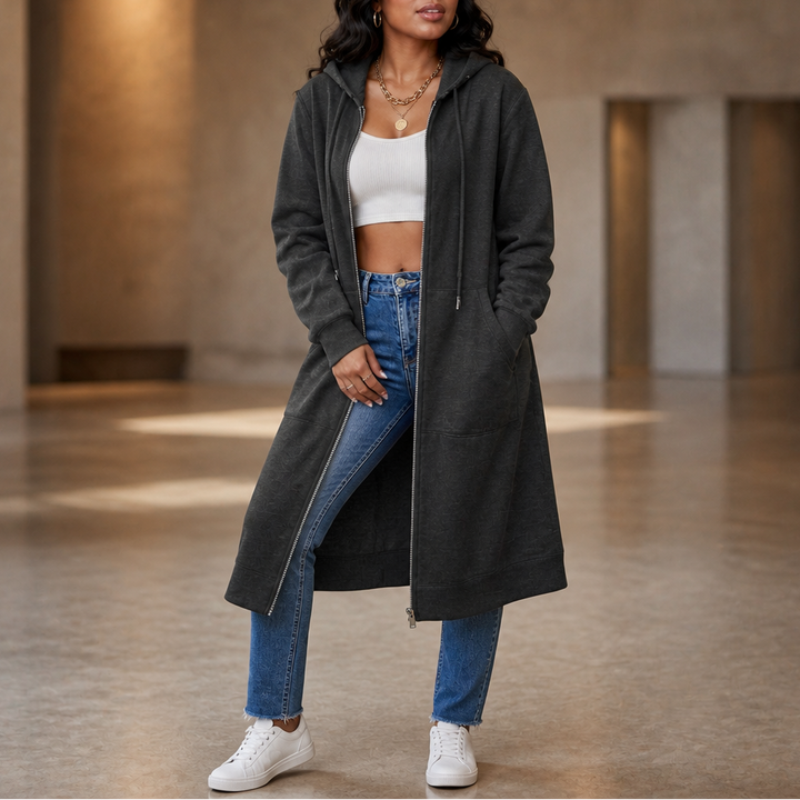 Cozyline – Fleece-Lined Tunic-Length Zip-Up Hoodie