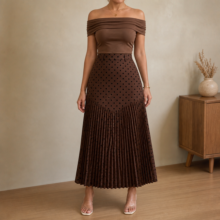 Wearbella – Polka Dot Pleated A-Line Midi Skirt
