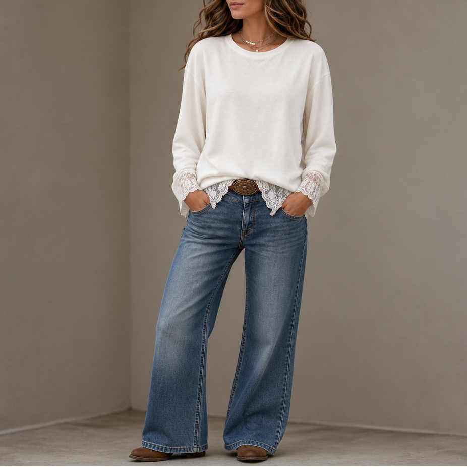 Lacewell – Sheer Lace Neckline Long-Sleeve Top