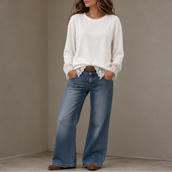Lacewell – Sheer Lace Neckline Long-Sleeve Top