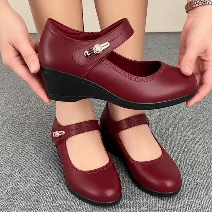 Solvana – Strap-Fastened Faux Leather Mary Jane Flats