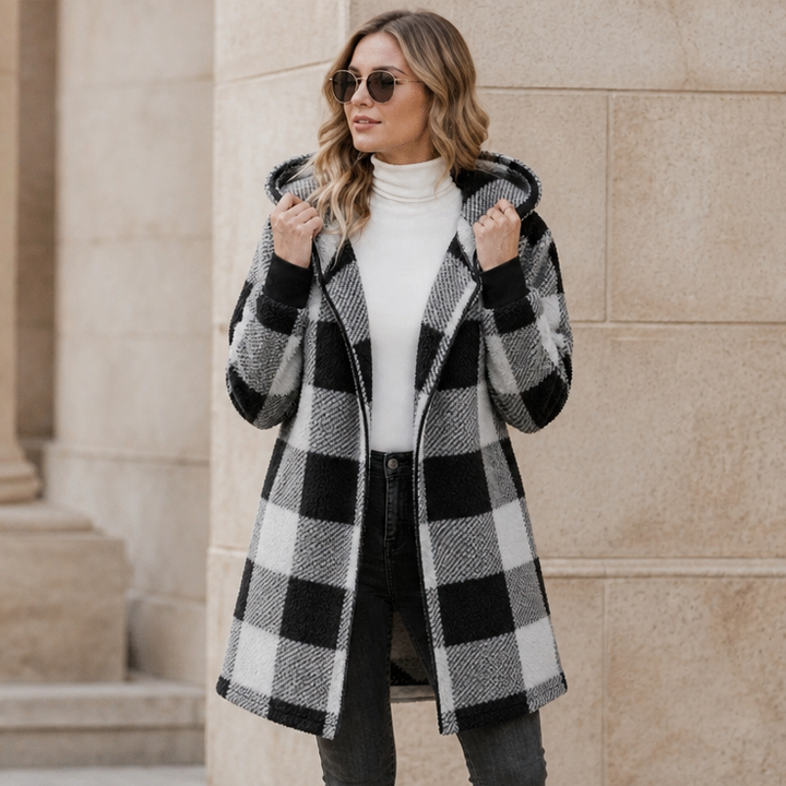 Plaidelle – Oversized Plaid Hooded Fleece-Look Cardigan