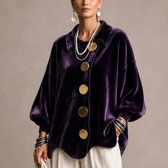 Velvara – Gold Button Velvet-Look Blouse