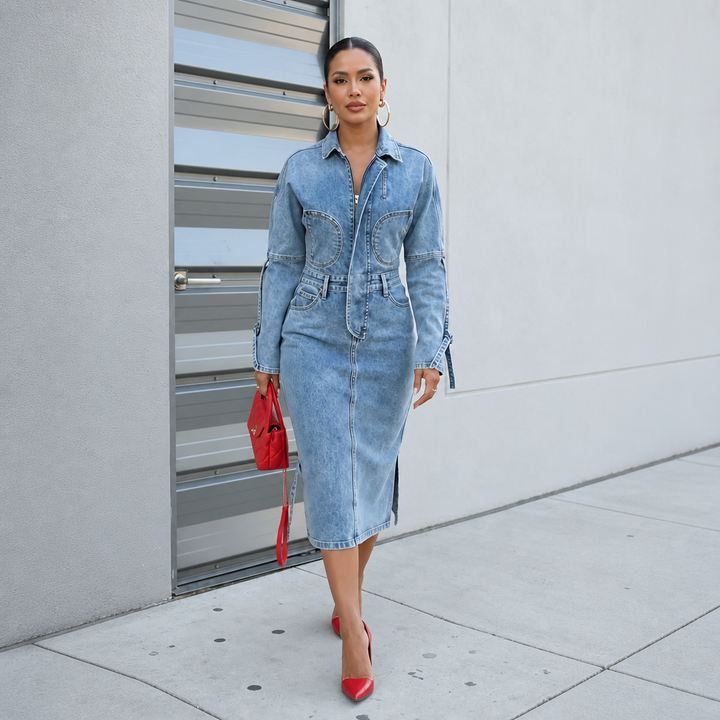 Wearbella – Half-Zip Collared Tie-Cuff Midi Dress