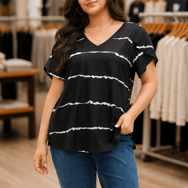 Curvella – Striped V-Neck Stretch Knit Tee