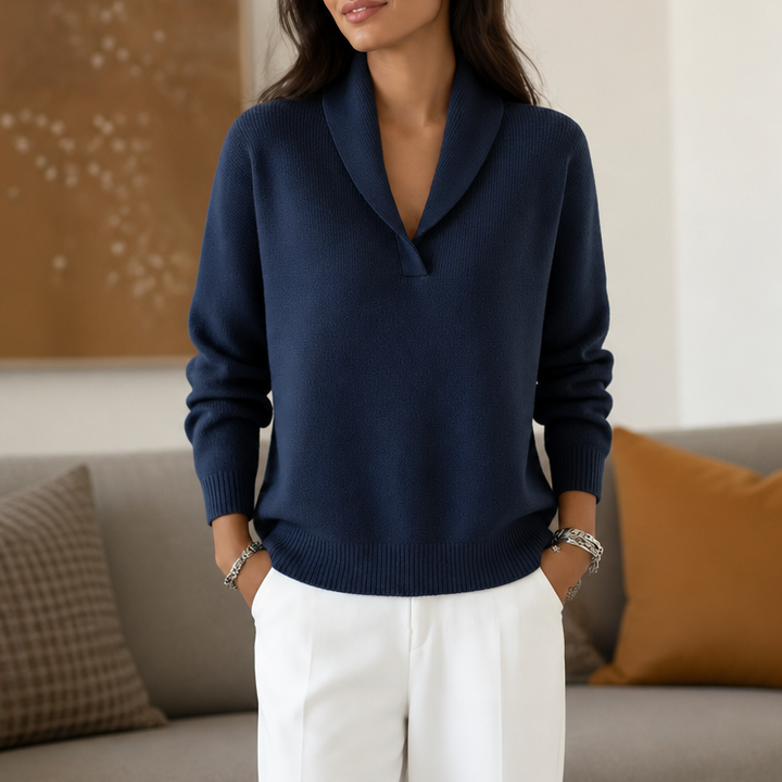 Antonia – Draped Shawl-Collar V-Neck Sweater
