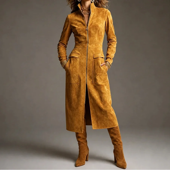 Velora – Fitted Stand-Collar Longline Coat