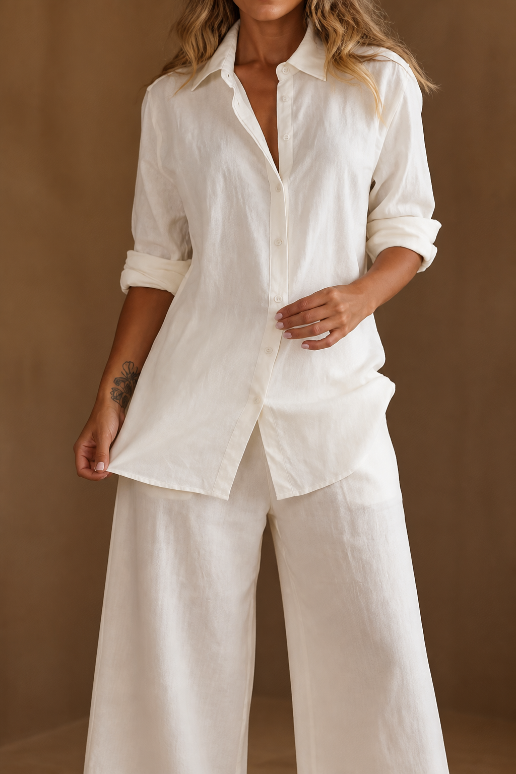 Linore – Matching Linen-Blend Shirt And Wide-Leg Pants Set