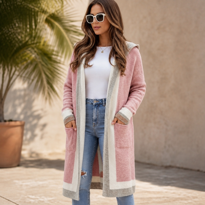 Coshabelle – Color-Block Hooded Long-Line Cardigan