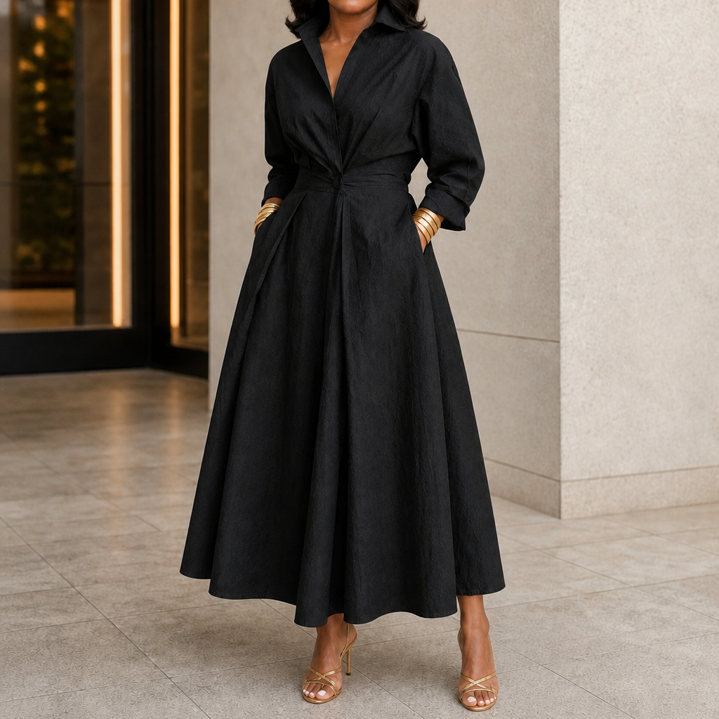 Everly Midi – Belted Long-Sleeve Collared Midi Dress