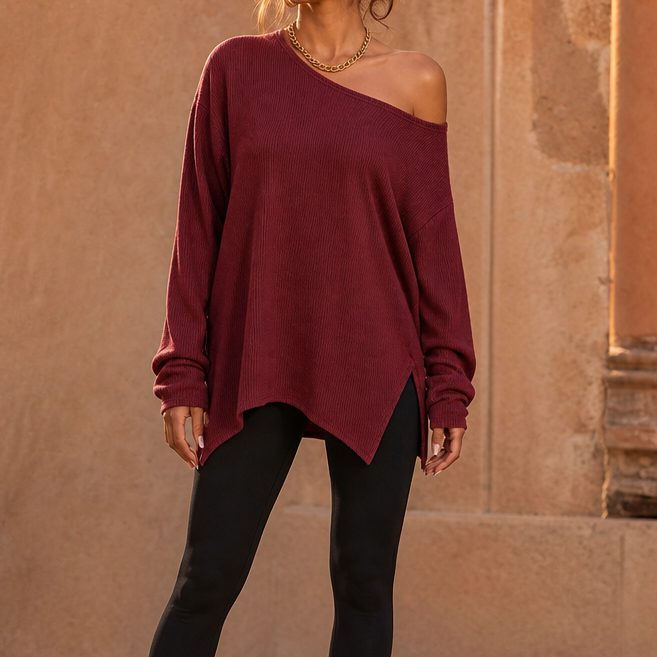 Veluna – Side-Slit Off-Shoulder Tunic Blouse