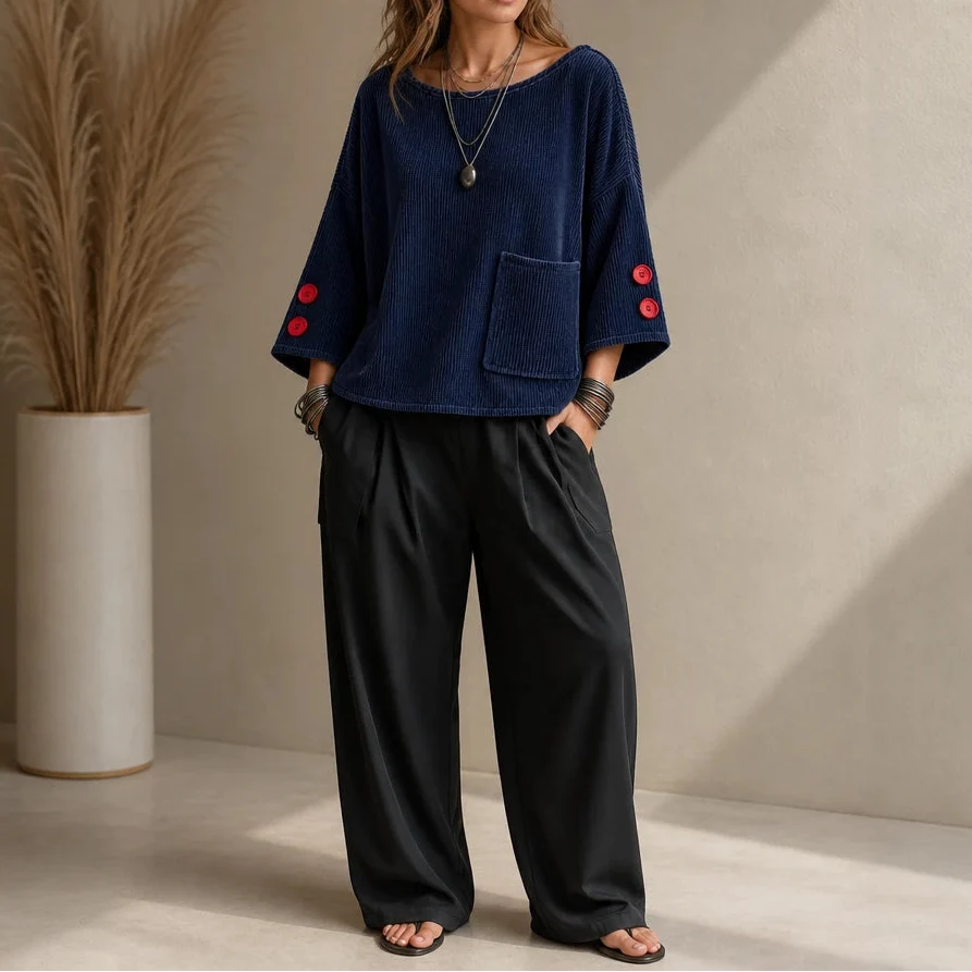 Overa – Ribbed Button-Sleeve Blouse