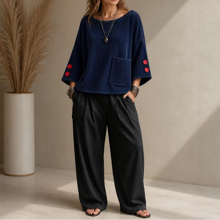 Overa – Ribbed Button-Sleeve Blouse