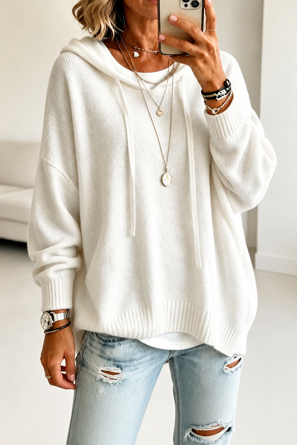 Wearbella – Oversized Drawstring Hooded Knit Sweater