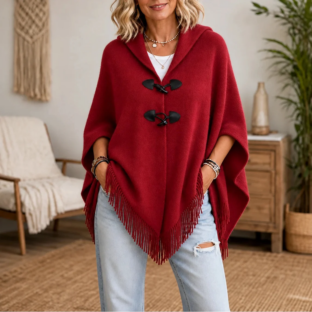Fringe & Fold – Hooded Knit Fringe Poncho