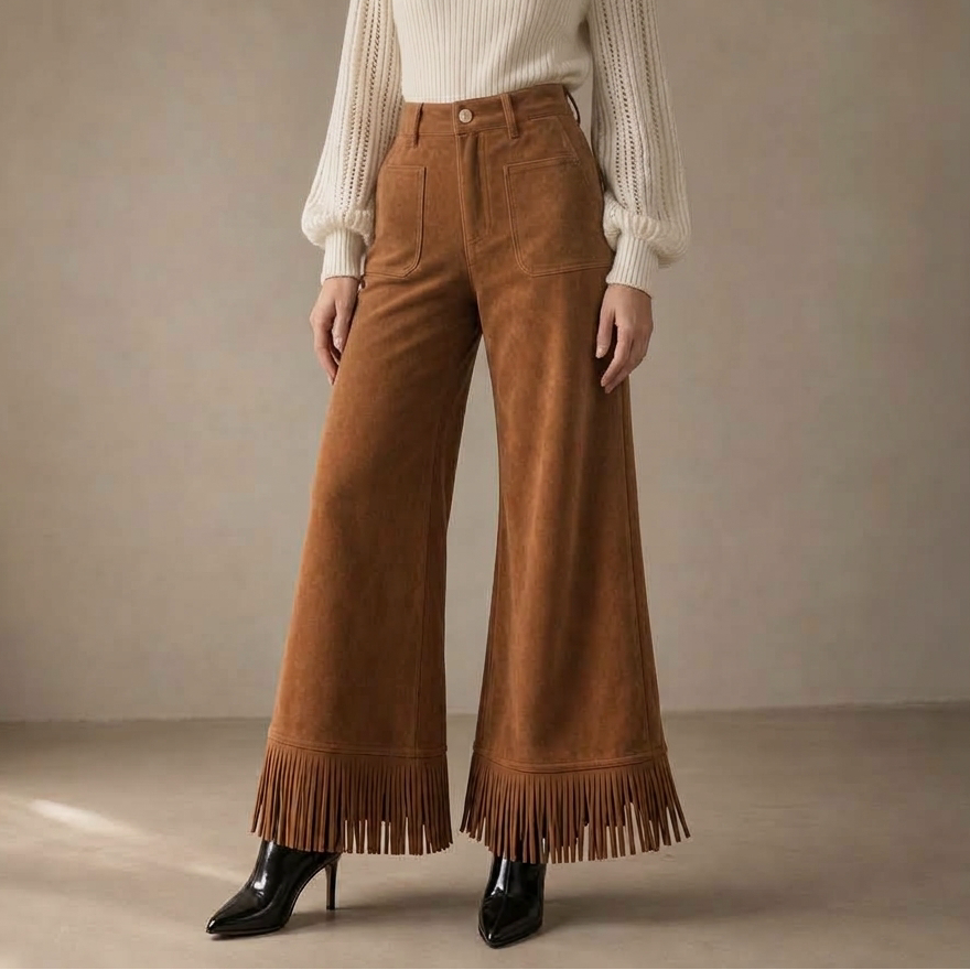 Suevera – Chic Fringe Accented Suede-Look Wide Leg Trousers
