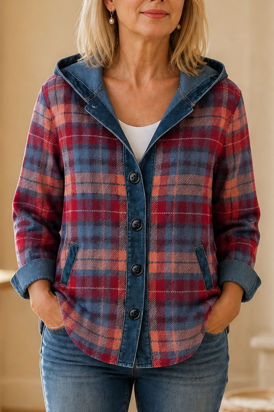 Layerlore – Denim-Look Patchwork Hooded Cardigan