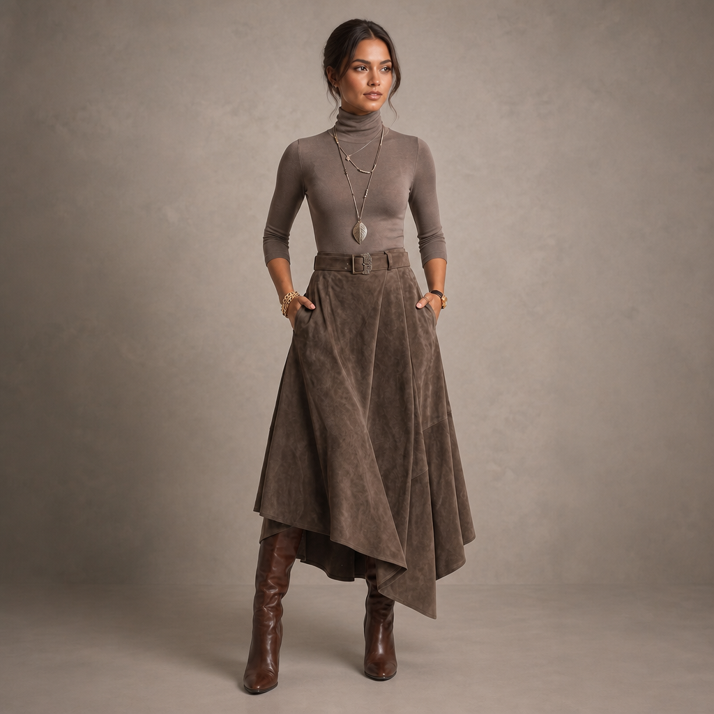Sienna Fold – Asymmetrical Pleated Faux-Suede Skirt Set
