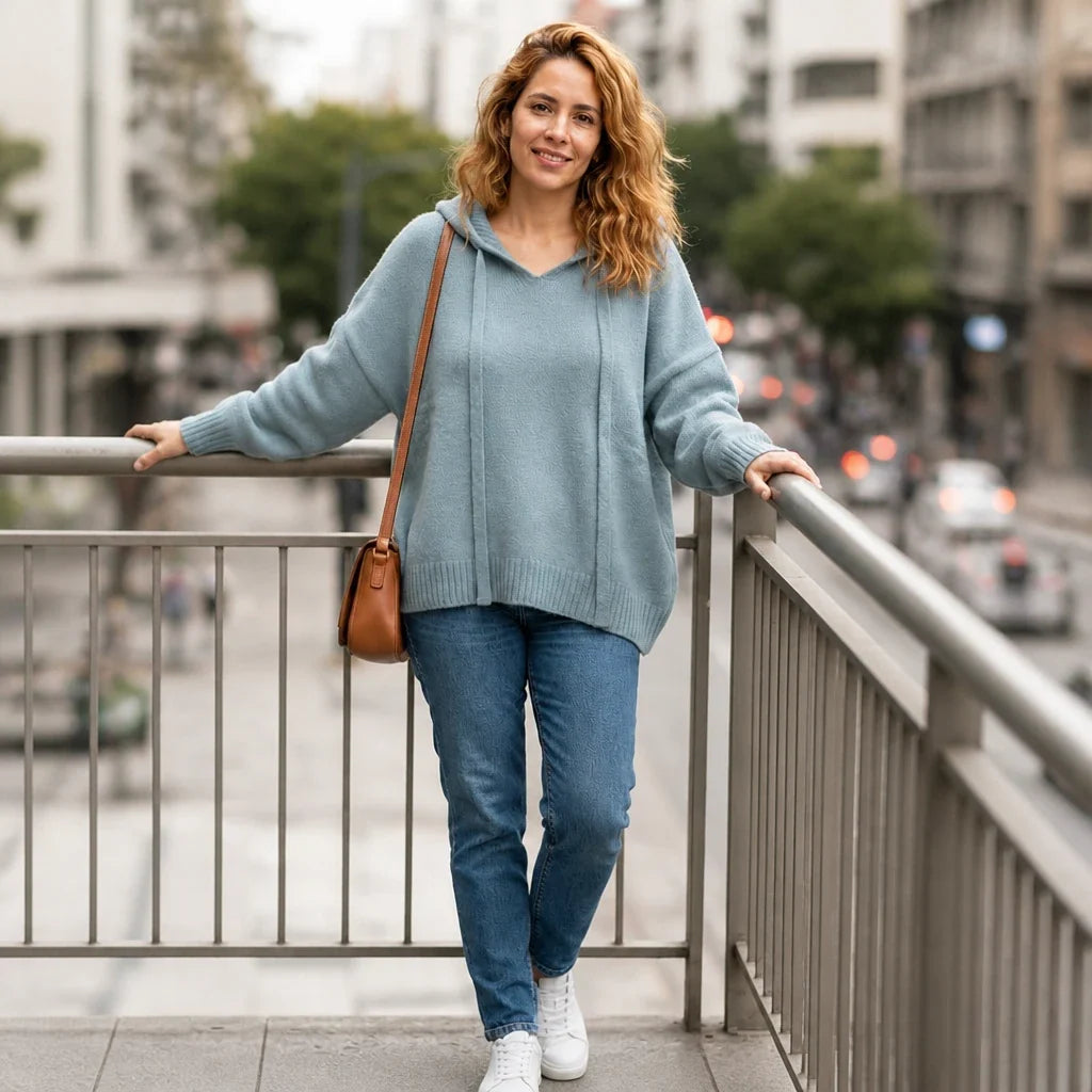 Easewell – Dropped Shoulder Knit Hoodie With Drawstring