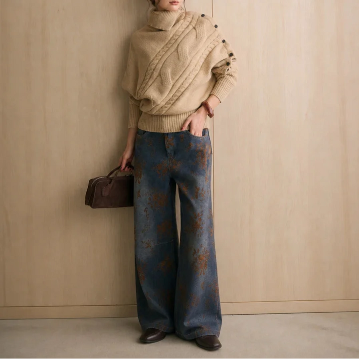 Cabledge – Diagonal Cable-Knit Button-Neck Sweater