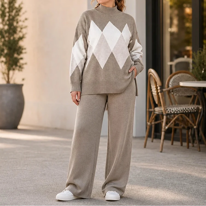 Argyle Ease – Argyle Knit Sweater And Wide-Leg Trouser Set