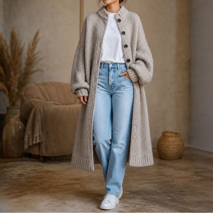 Wearbella – Chunky Knit Below-Knee Button-Front Sweater Coat