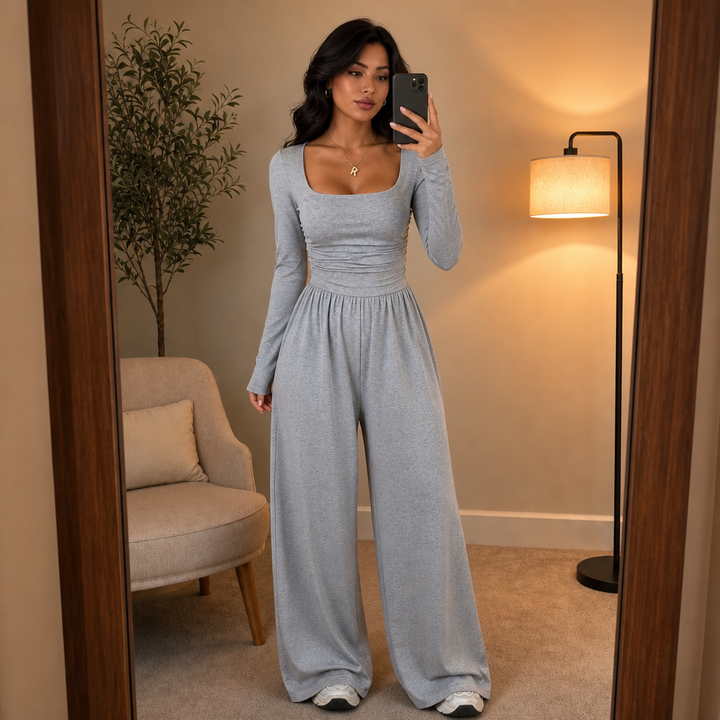 Wearbella – Ruched Waist Square Neck Wide-Leg Jumpsuit