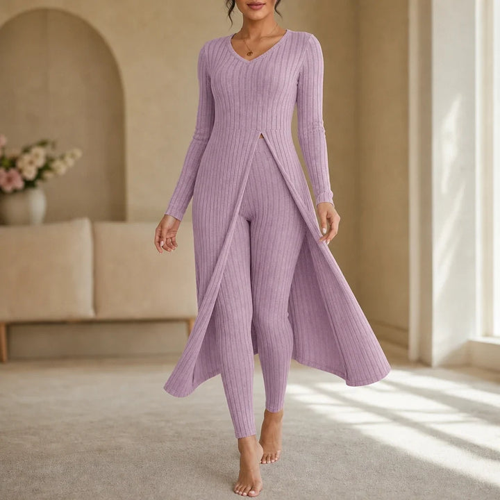 Ribella – Ribbed Side-Slit Tunic And Slim-Fit Pants Set