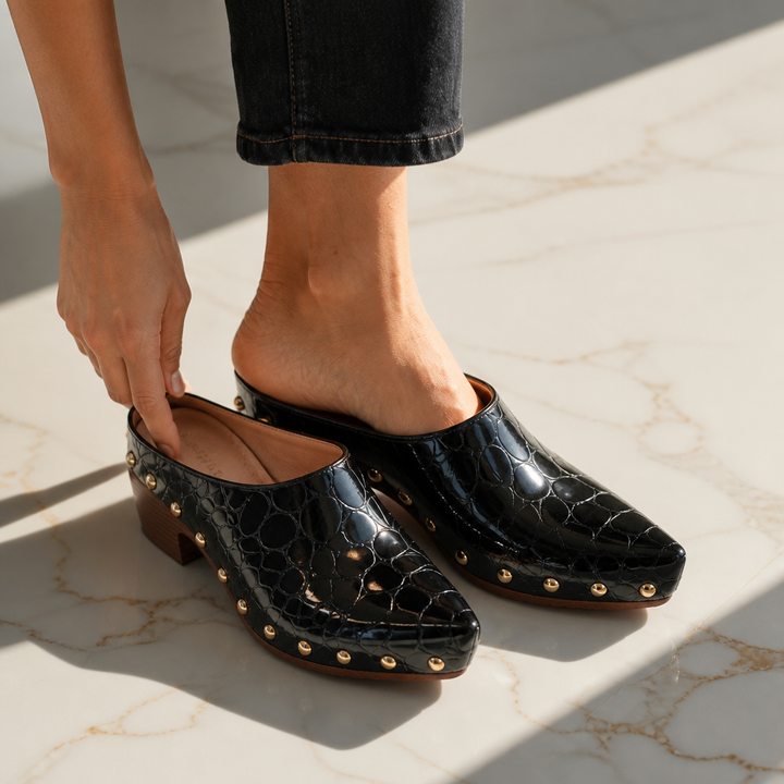 Ines Croc – Gold Dome Trim Croc-Embossed Clog Mules